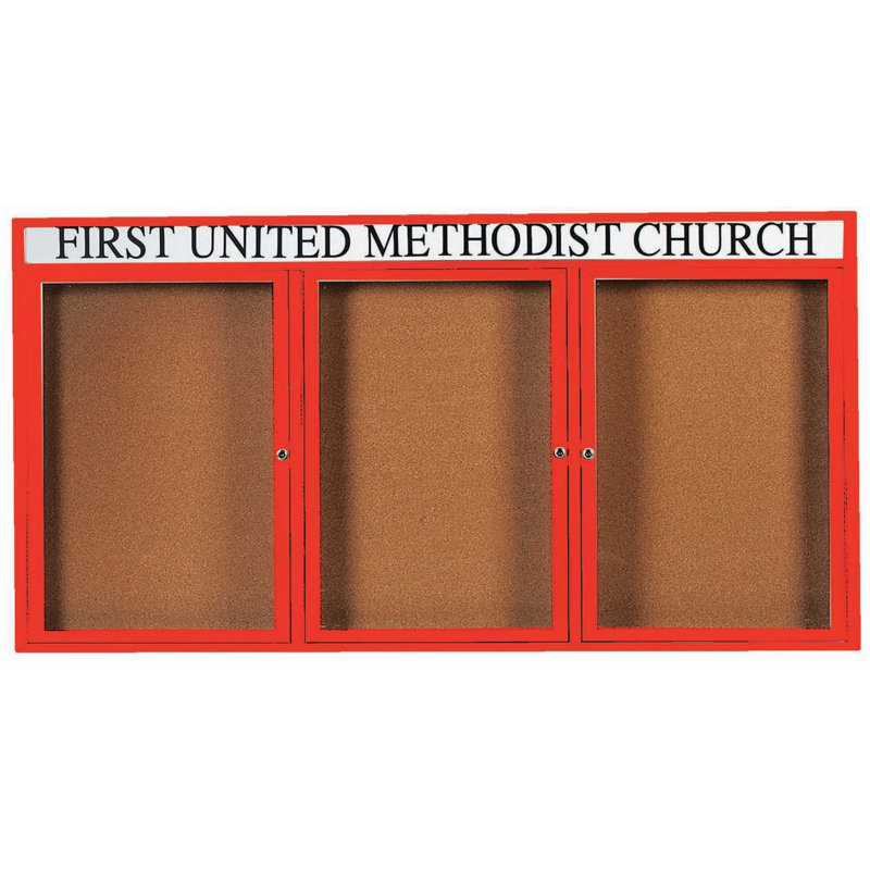 Illuminated Enclosed Wall Mounted Bulletin Board, Powder Coated Red, Three, 36" H x 72" W