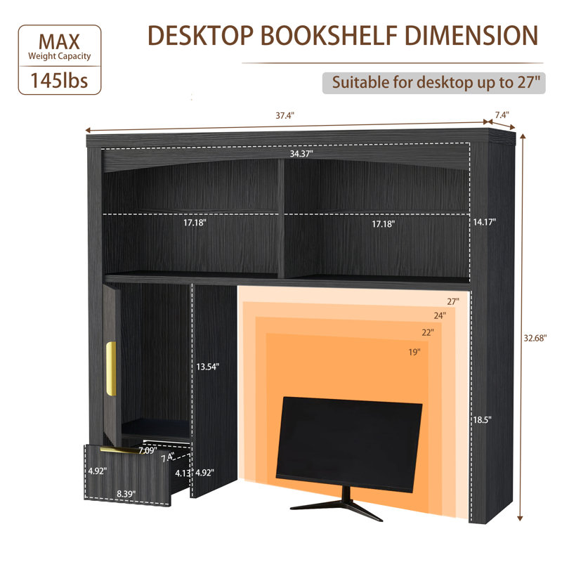 Étagère de bureau avec rangement et 3 compartiments ouverts, Noir