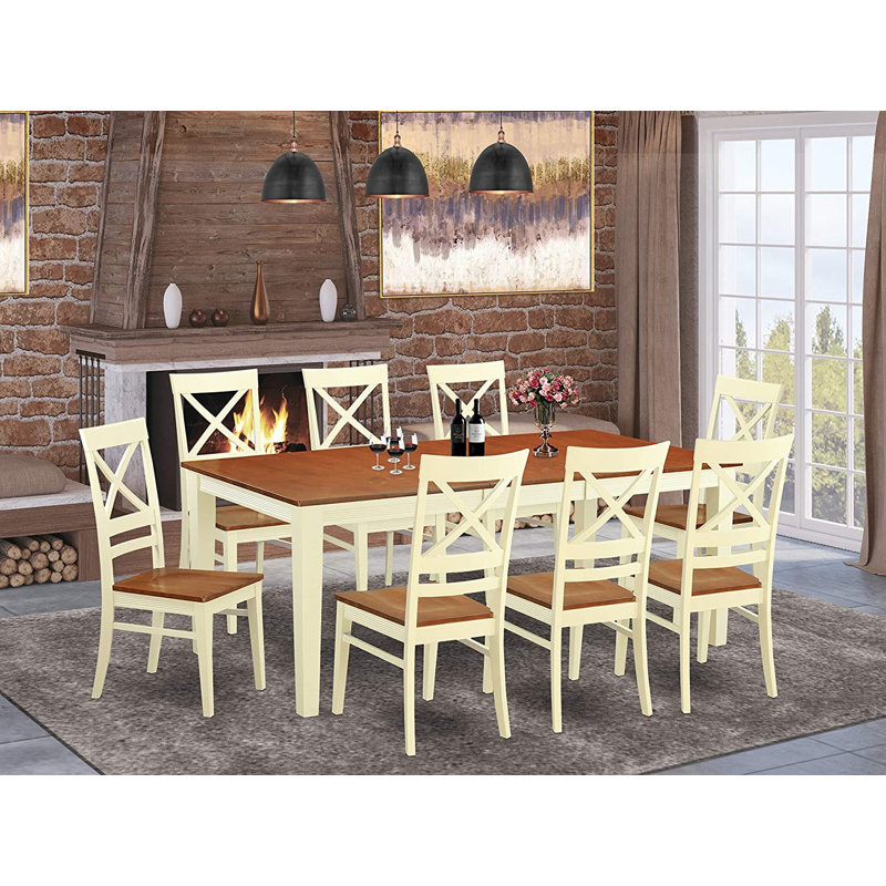 9 Piece Dining Table Set Includes a Rectangle Dinner Table with Butterfly Leaf and 8 Dining Room Chairs, Buttermilk & Cherry