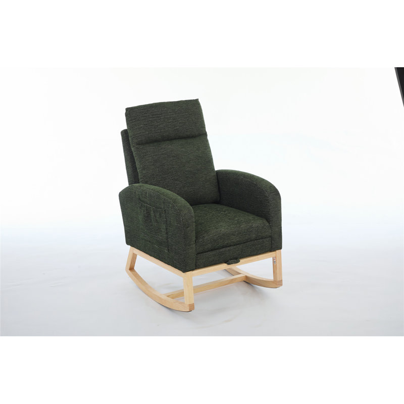 Comfortable Rocking Chair with Solid Wood Legs and Side Pocket for Relaxation, Dark Green