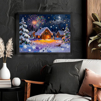 Impression sur toile encadrée noire, village de Noël impressionniste, nuit d'hiver enneigée