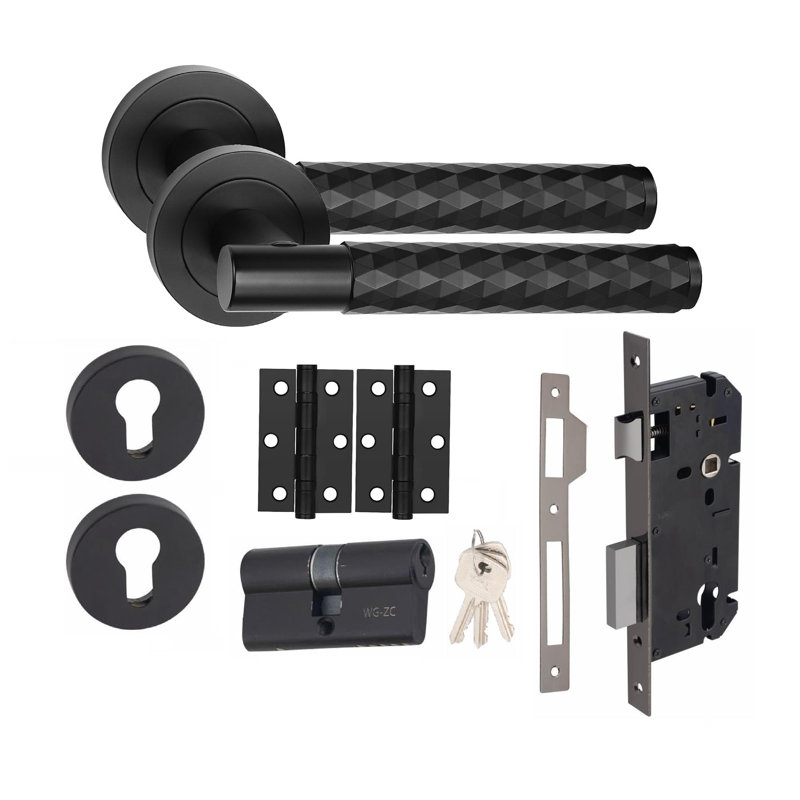 Golden Grace 1 Set Knurled Diamond Cut T-Bar Euro Lock Door Handle Set with Barrell Key 70mm