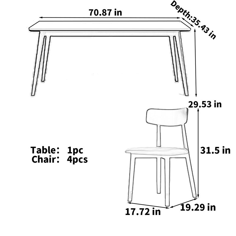 Table de salle à manger en bois de frêne noir, H 29,53 po x L 70,87 po x l 35,43 po