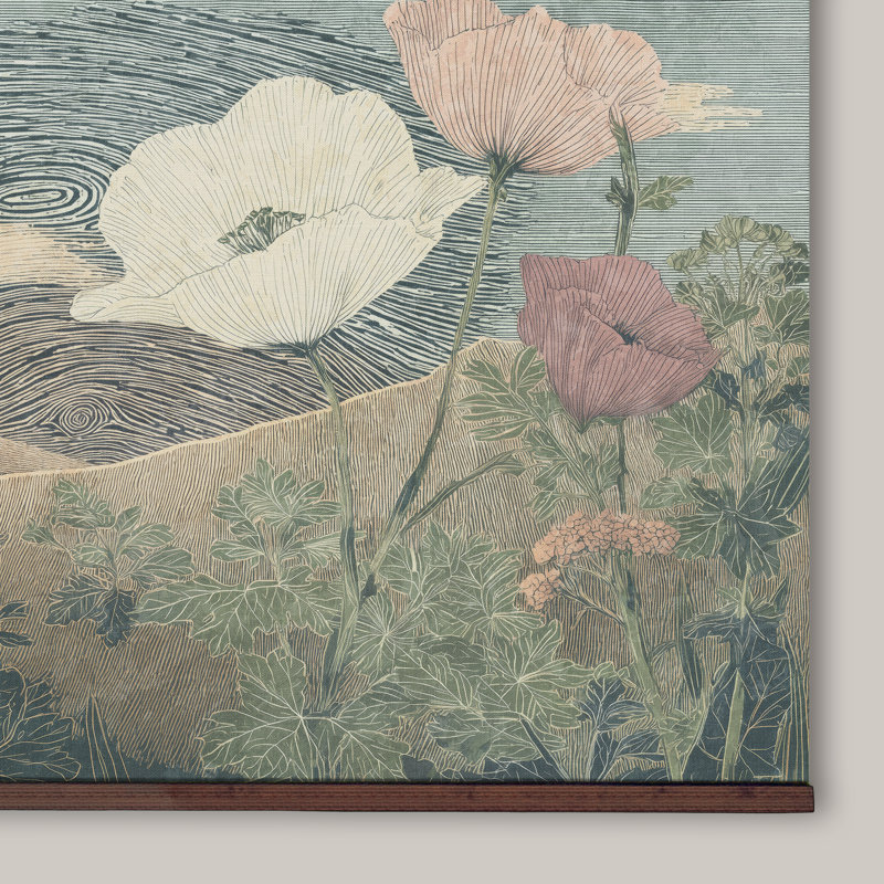 Tenture murale Wild Poppy Field - Illustration botanique de paysage avec crochets en bois, H 32 po x l 48 po