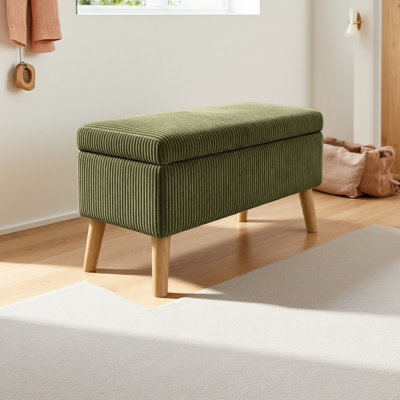 Banc avec repose-pieds en velours côtelé de 32 pouces de largeur avec pieds en bois, boîte de rangement rabattable, banc de bout rembourré, repose-pieds et banc à chaussures pour la chambre à coucher