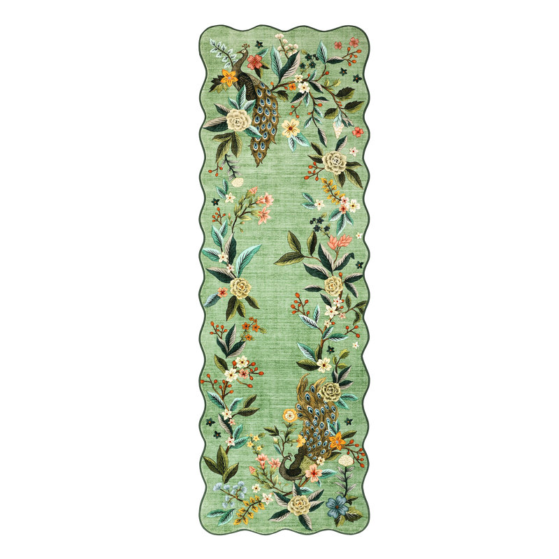 Tapis de paon à motif floral antidérapant pour chambre d'enfant, Vert, Tapis de couloir 2 pi x 6 pi