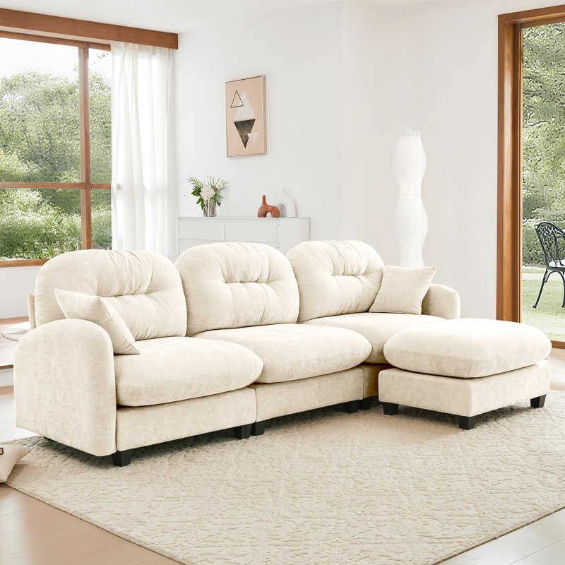 Canapé modulaire en L beige avec 3 sièges, coussin et tissu d'usure en chenille résistant aux espaces compacts