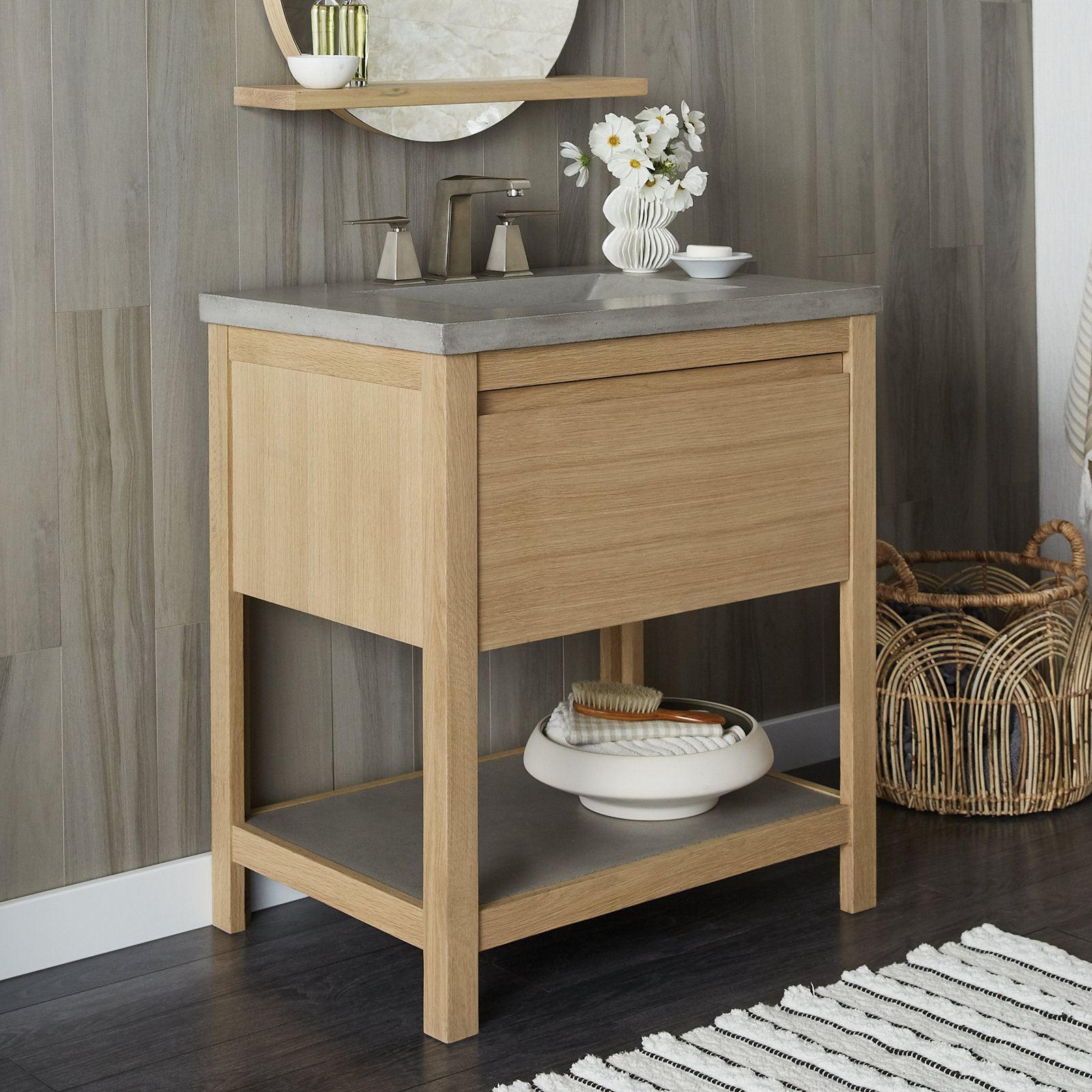 Solace 30.5" Single Bathroom Vanity Set, Sunrise Oak, Ash, Ash