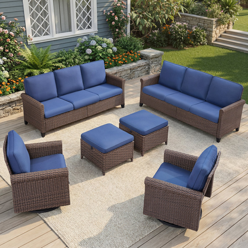 6-Piece Outdoor Patio Wicker Family Conversation Set with Swivel Chairs and Ottomans, Blue