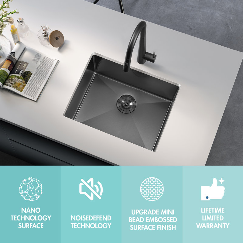 Attop Handmade Nano Black Stainless Steel Scratch-resistant 23 Inch Single Bowl Undermount Kitchen Sink With Strainer