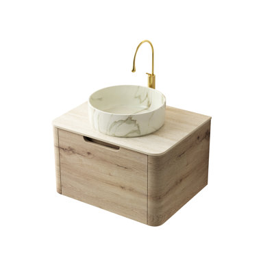 Meuble-lavabo 24 po, armoire en contreplaqué flottant, lavabo rond en céramique blanche, motif en pierre, comptoir fritté romain, finition chêne, mécanisme de tiroir à fermeture en douceur 24 po, corps d'armoire