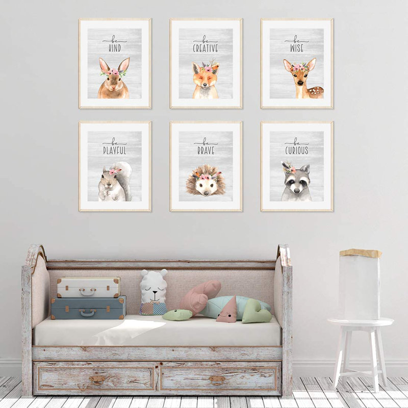Desidéria, inspiration florale, roses, forêt, animaux de la forêt, lapin, renard, cerf, hérisson, raton laveur, ensemble de 6 impressions sur papier