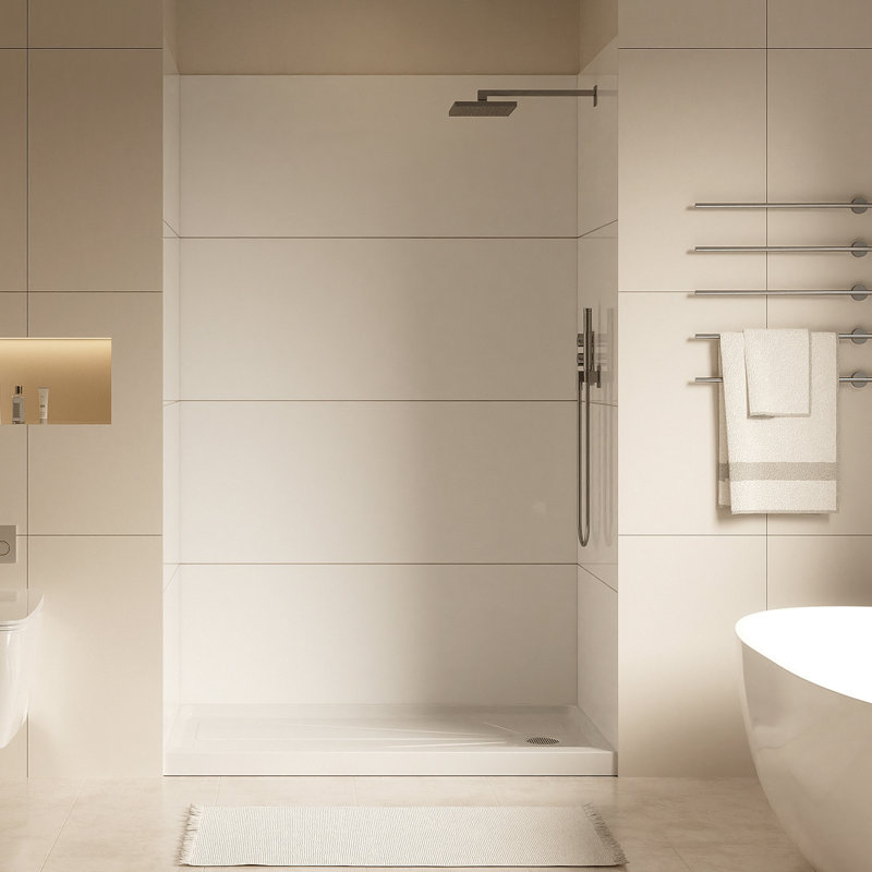 White acrylic shower wall panels installed in a modern walk-in shower alcove