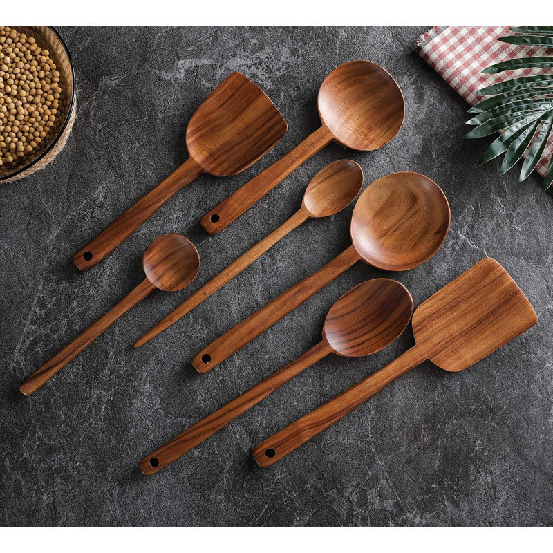 Ensemble 7 pièces d'ustensiles de cuisine en bois de teck à long manche pour casseroles antiadhésives, ustensiles de cuisine durables et écologiques par Ubae