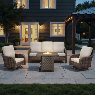 Ensemble de conversation d'extérieur en osier pour 5 personnes avec coussins confortables, ensemble de meubles de patio à haut dossier avec chaises berçantes pivotantes et table de foyer