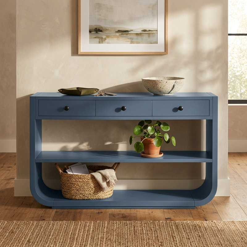 Console courbée en bois massif de 55 po avec 3 tiroirs à fermeture en douceur Japon, Bleu
