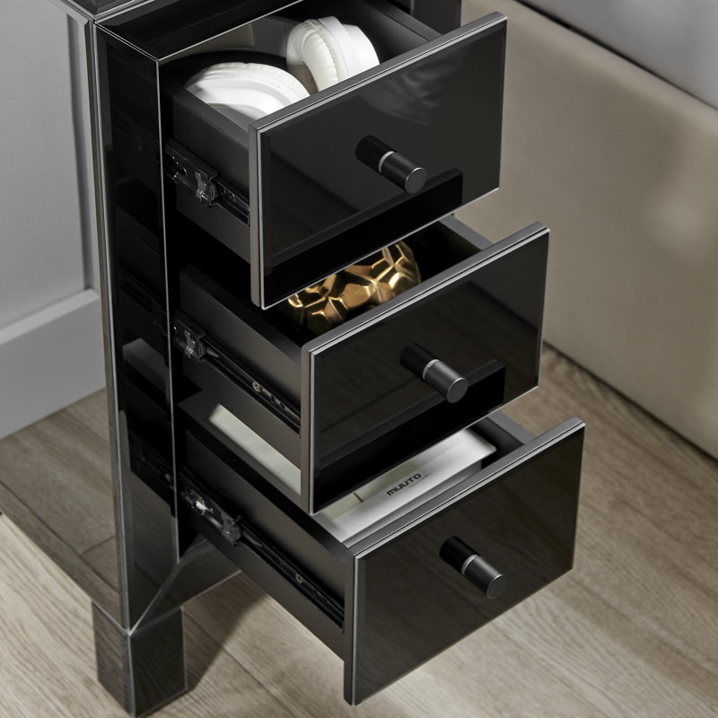 Alexa Chic Slimline 3 Drawer Mirrored Bedside Table, Noir, Petit