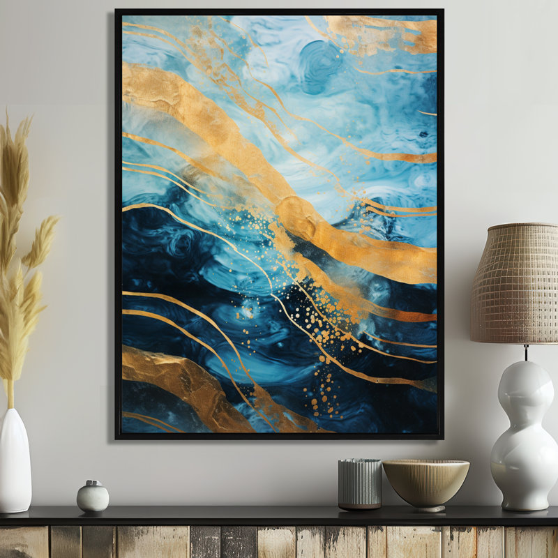 «Blue Sparkling Glam Gold Streams - Abstract Modern Waves», reproduction d'art murale, Toile avec cadre flottant noir