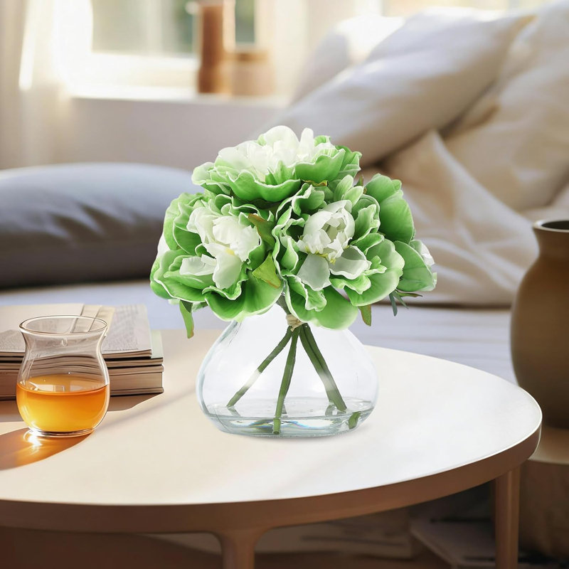 Fleurs artificielles vertes avec vase en verre, fausses fleurs dans un vase pour la décoration intérieure, centres de table, décoration de comptoir de salle de bain