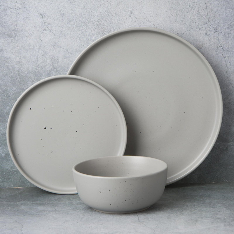 Services de vaisselle 12 pièces Famiware, ensemble de vaisselle moucheté mat, Gris foncé
