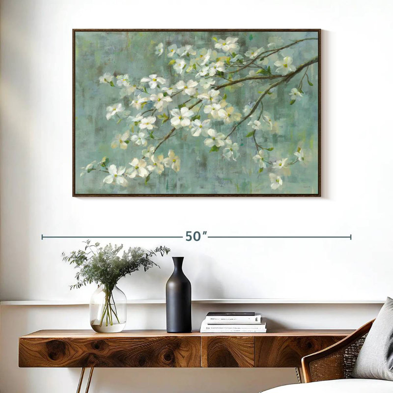 Cornouiller au printemps sur fond bleu, Cadre flottant noyer, 40 po x 27 po