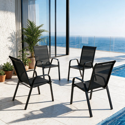 Stackable Patio Chairs, Durable Textilene Fabric with Armrests, Sturdy Metal Frame, Ergonomic Quick-Dry Outdoor Dining Chairs for Backyard & Poolside(Black, 4pcs)