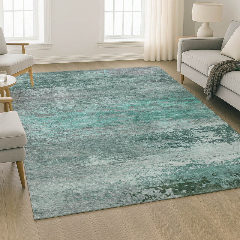 Tapis abstrait lavable à la machine de qualité supérieure Mayfield AMF2071, Sarcelle, 8 pi x 10 pi