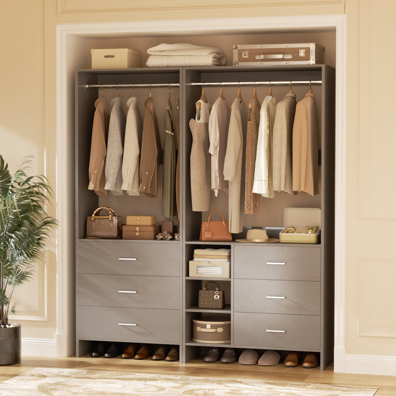 53.2'' Closet System with Wooden Drawers and Hanging Rods, Gray