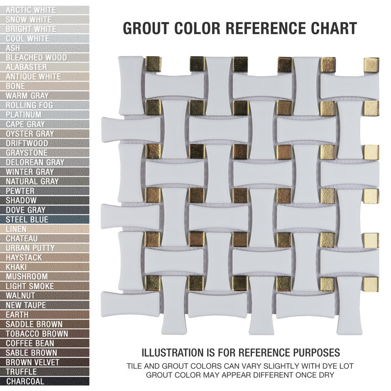 Metro Dog Bone Basketweave 0.92 In. X 2.26 In. Porcelain Basketweave Mosaic Wall Tile, Matte White w/Glass Gold Dot