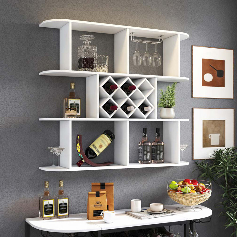 Buffet mural avec rangement et support pour verres à vin, Blanc