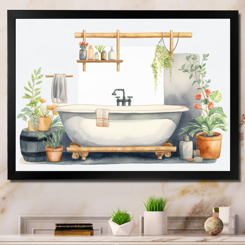 «Natural Bathroom Decor V», reproduction sur toile, Cadre photo noir, H 34 po x l 44 po x P 1,5 po