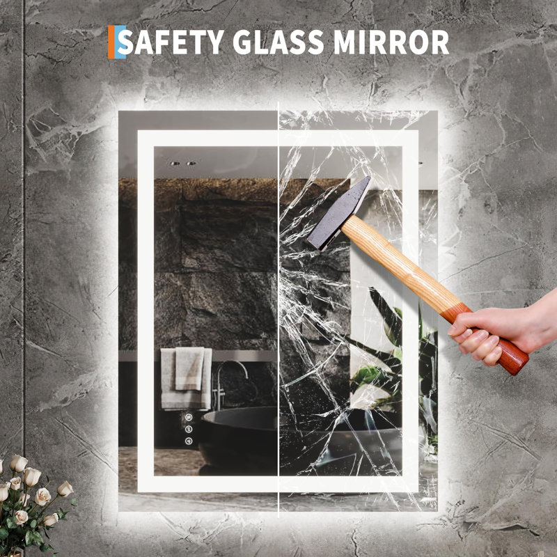 Miroir de salle de bain sans cadre à DEL avec rétroéclairage et éclairage avant, miroir de meuble-lavabo pour mur, intensité variable 3CCT, fonction mémoire, anti-buée, verre trempé résistant aux chocs, homologué ETL