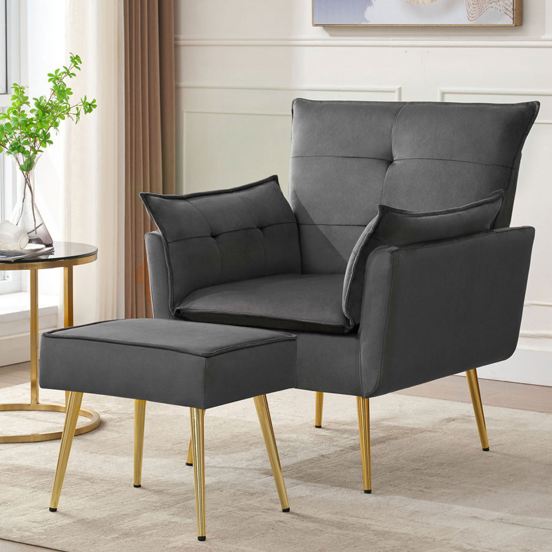 Fauteuil en velours capitonné avec repose-pieds Vaishal, Velours gris
