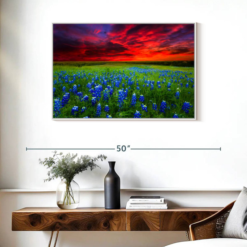Bluebonnets au coucher du soleil I, Cadre flottant blanc, 37 po x 25 po