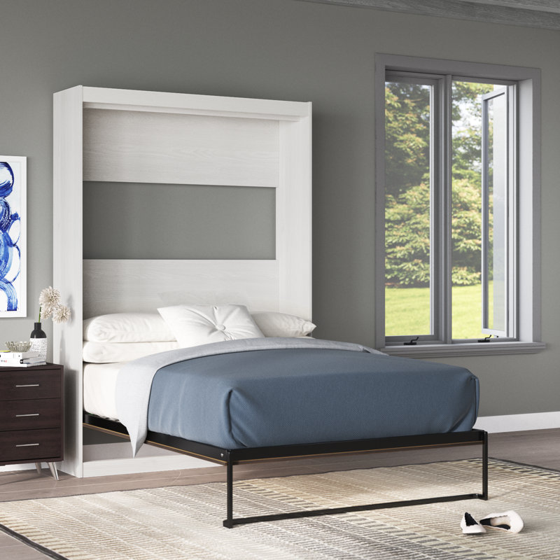 Lit escamotable Tapaktuan avec façade décorative, Blanc/noyer, Double