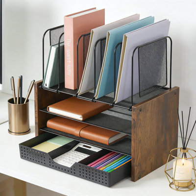 4-Tier Mesh Wood Desktop Organizer Shelf With File Holders, Storage Drawer & Pen Holders For Office And Workspace Organization