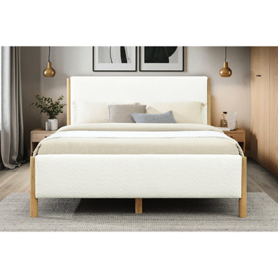 Structure de lit blanc à boucle, grand, surface texturée douce, pieds en bois et en bois d'hévéa, adaptable à un grand lit tapissier de style personnel, durable avec du bois d'ingénierie, complémentaire
