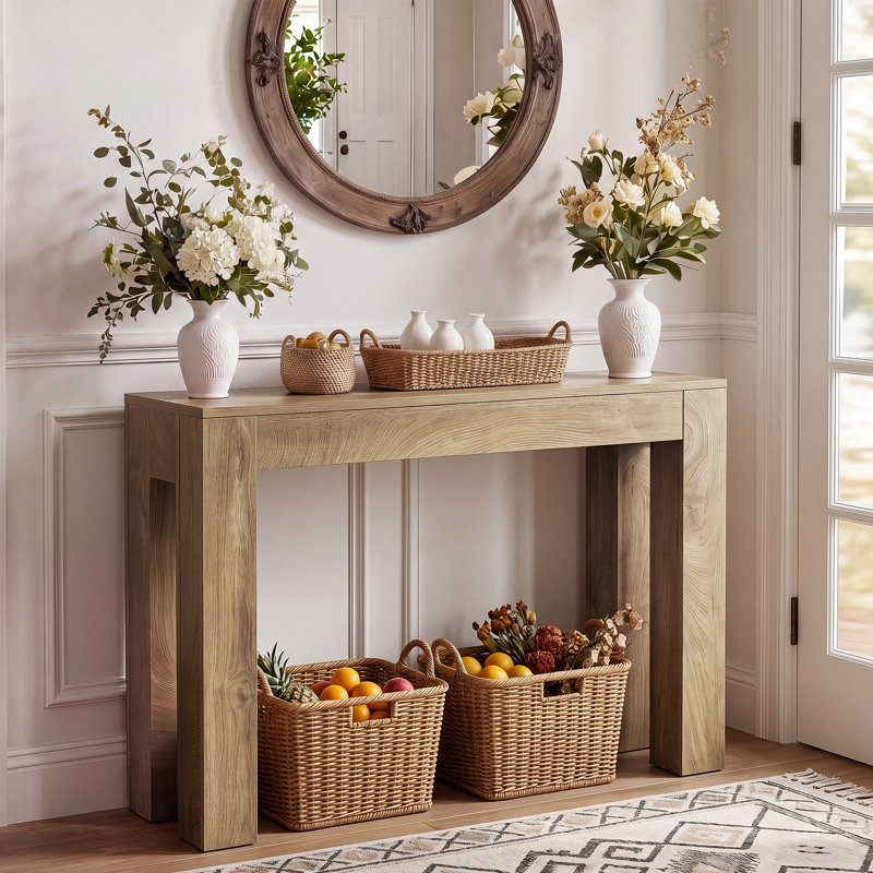 41.3'' Farmhouse Console Table, Narrow Entryway Table with Thick Legs, Light Brown