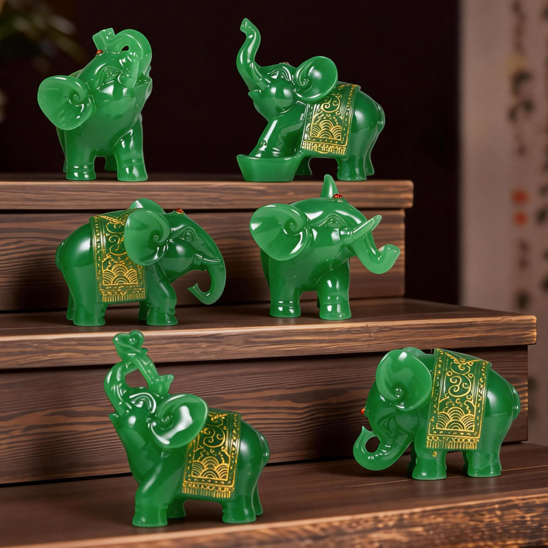 Ensemble de 6 figurines d'éléphant au look jade vert avec motifs dorés - Statues d'animaux Lucky Feng Shui, Vert