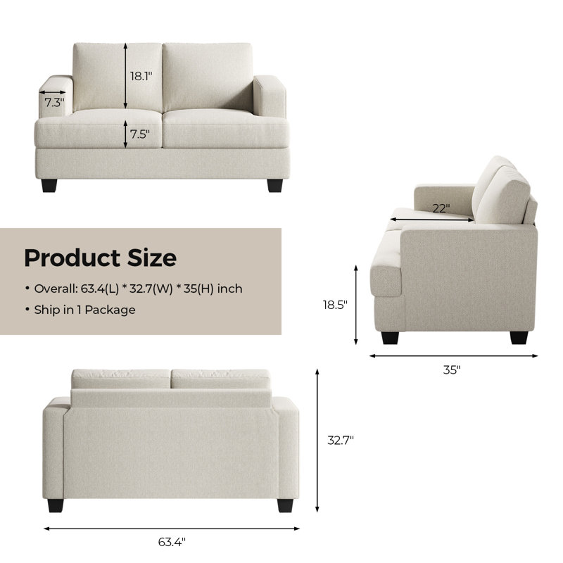63" 2-Seater Upholstered Square Arm Sofa, Beige Linen