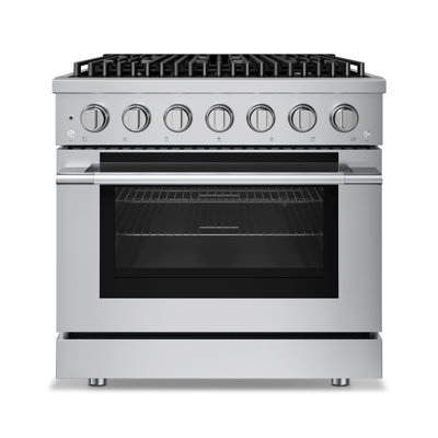 Cuisinière à double combustible de 36 po Hauslane en acier inoxydable | 6 brûleurs jusqu'à 20 000 Btus | Four à convection de 5,2 pieds cubes avec 5 positions de cuisson | N / L convertible | Porte triple couche Cool-Touch