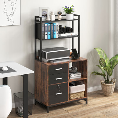 Livofloral 3 Drawer File Cabinet with Charging Station and Bookshelf for Home Office fits Letter/A4