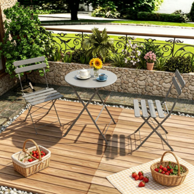 3 Piece Grey Folding Bistro Set, Indoor & Outdoor Patio Table And 2 Chairs With Cushion, Rustproof Foldable Patio Furniture For Balcony Yard Garden, No Assembly Required