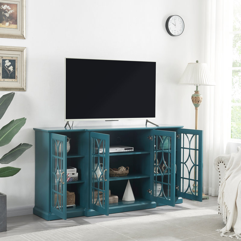 Armoire de rangement bleu sarcelle pour téléviseur - construction, 6 tablettes réglables, finition à surface lisse, - buffet de 63 po, 4 portes avec motif de porte exquis, précautions