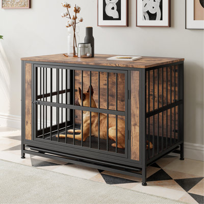 Mobilier de cage pour chien, table de caisse pour chien en bois, chenil pour chien de 38,9 po avec 2 portes coulissantes et cadre de porte en fer épais