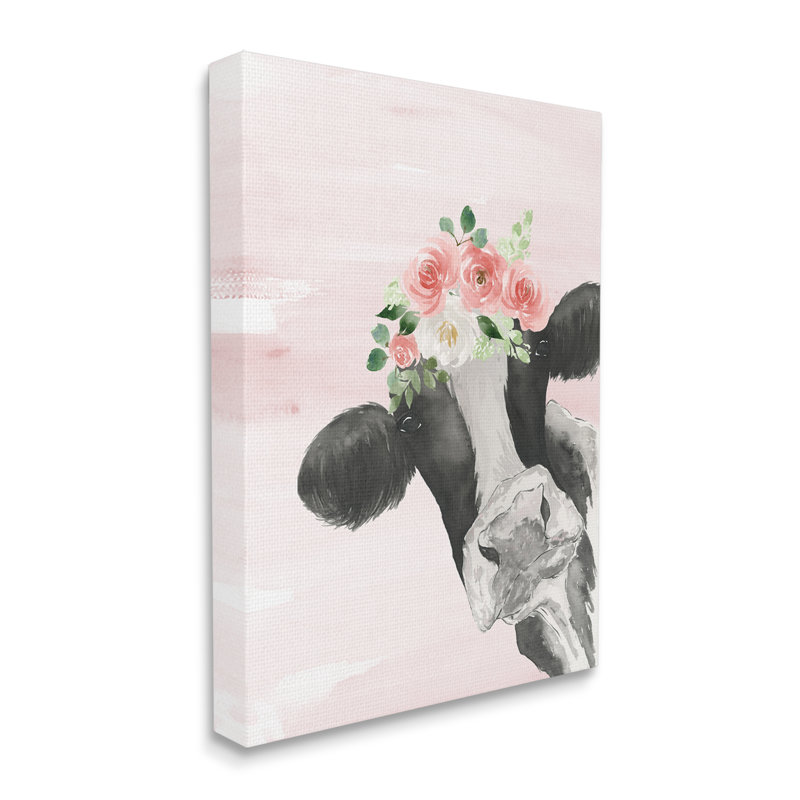 16" x 20" Pink Floral Crown Cow Portrait Canvas Art