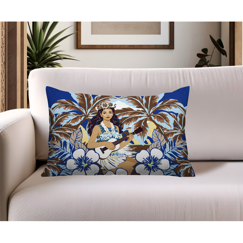 Oreiller rectangulaire réversible intérieur / extérieur Moana Palm, Bleu, Rectangle H 18 po x l 25 po