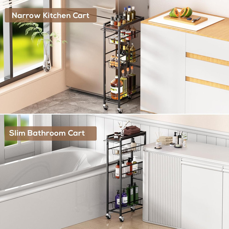 4 Tier Slim Rolling Storage Cart with Pull-Out Baskets