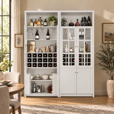 Cave à vin de 200 cm de haut avec portes vitrées, casier à 18 bouteilles, rangement pour verres à pied et étagères réglables.