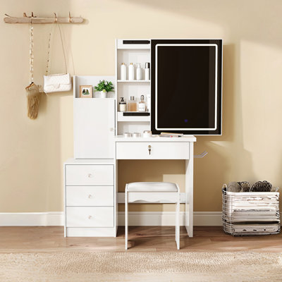 White Vanity Desk With Sliding Mirror, 4 Drawers, 9 Storage Areas, Hidden Compartments And Cushioned Stool. Led Mirror Stepless Dimming Three Color Modes. Integrated Power Hub 2 Ac Outlets, 1 Type -
